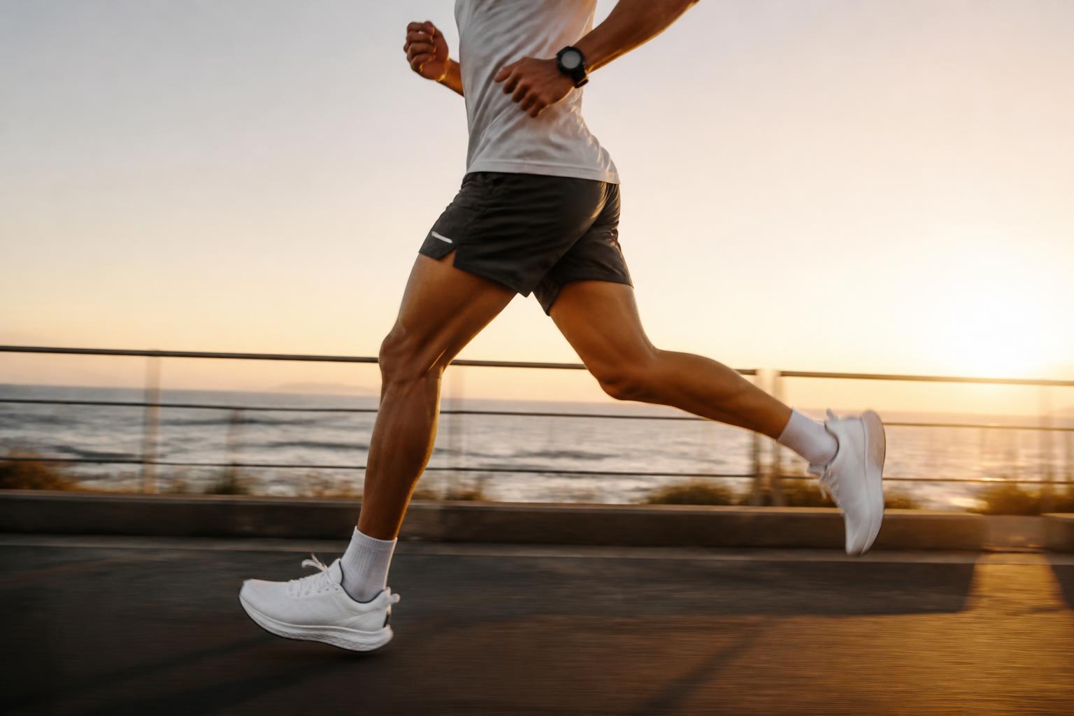 Runner mid-stride at sunrise — movement and recovery